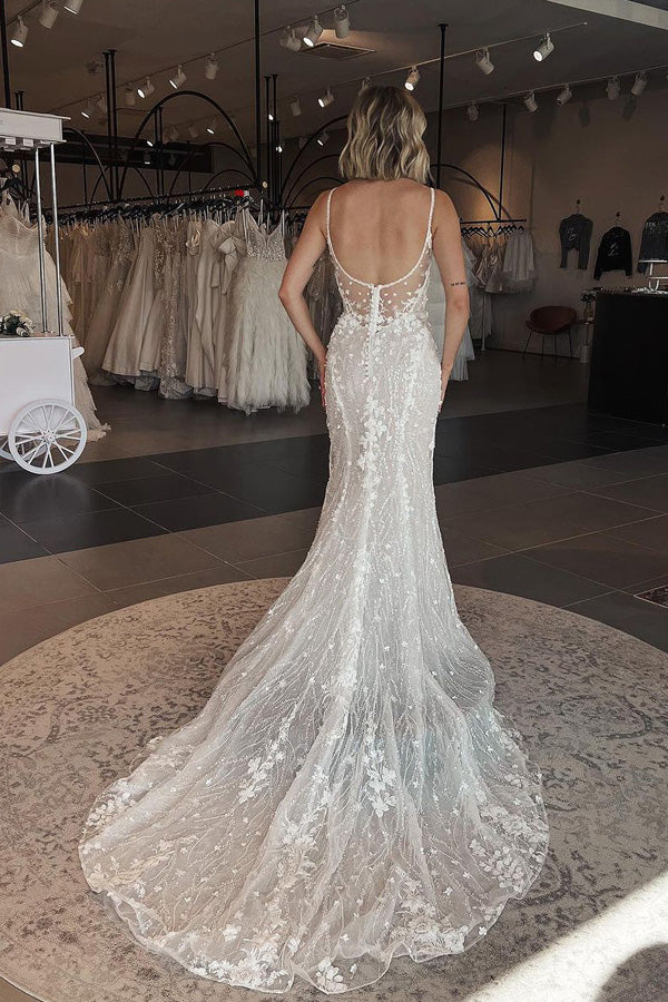 Mermaid Square Neck Tulle Lace Wedding Dress With Sweep Train WD791-Pgmdress