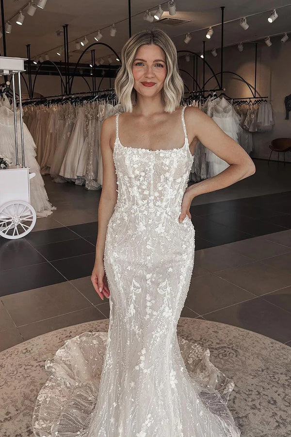 Mermaid Square Neck Tulle Lace Wedding Dress With Sweep Train WD791-Pgmdress