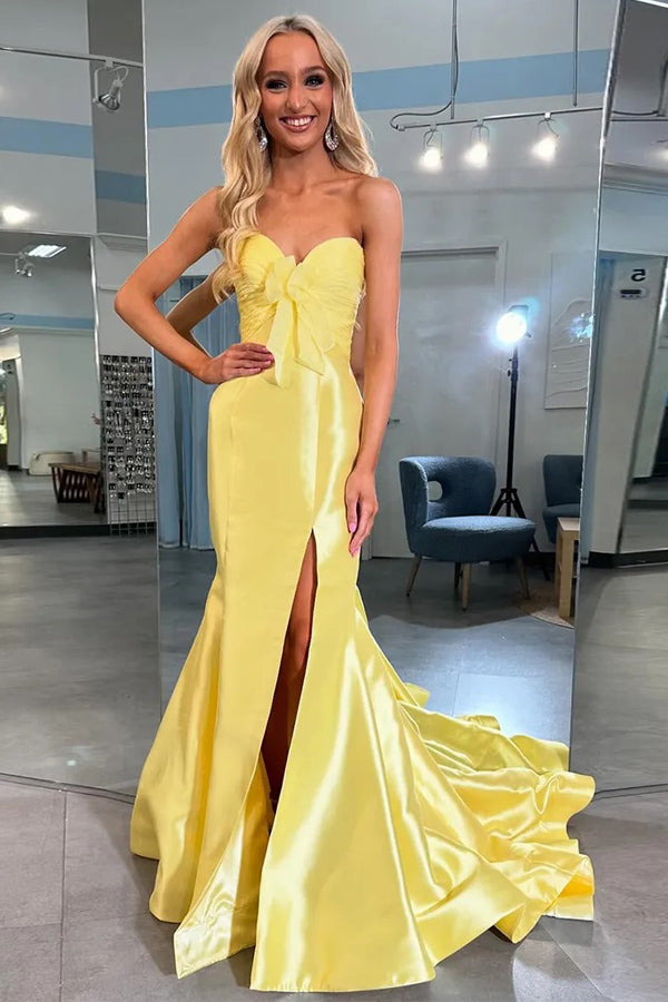Robe de bal longue jaune style sirène sans bretelles avec nœud PSK670