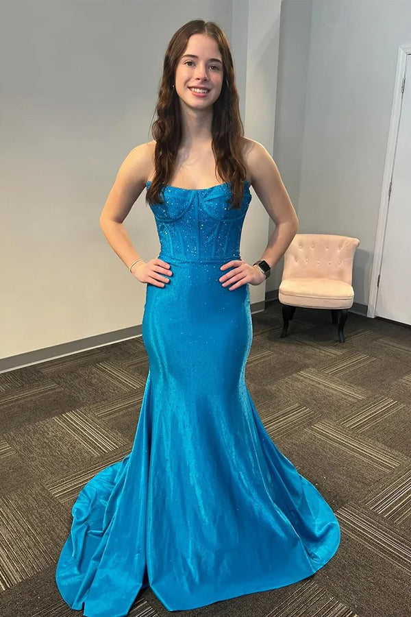 Mermaid Strapless Corset Beaded Satin Blue Long Prom Dress PSK629 Pgmdress Mermaid Strapless Corset Beaded Satin Blue Long Prom Dress PSK629 Pgmdress