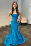 Robe de bal longue en satin bleu à bretelles style sirène et corset perlé PSK629