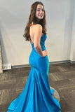 Mermaid Strapless Corset Beaded Satin Blue Long Prom Dress PSK629-Pgmdress