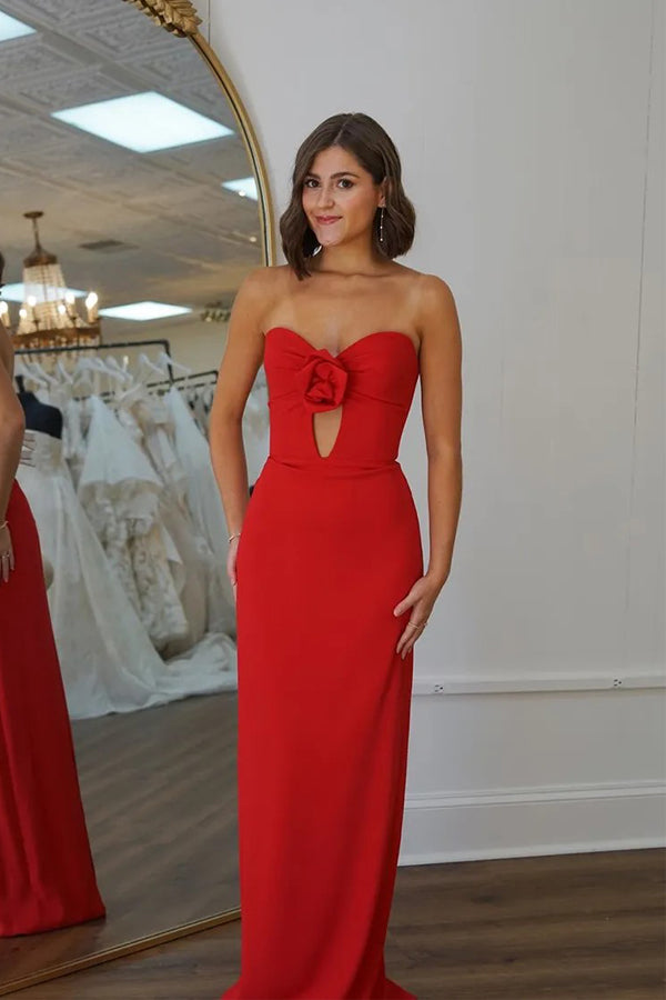 Mermaid Strapless Flower Satin Red Long Prom Dress PSK588-Pgmdress