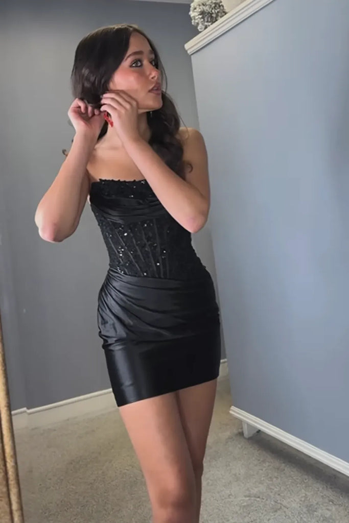 Mermaid Strapless Lace Appliques Pleats Corset Homecoming Dress-Pgmdress