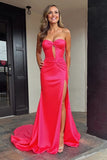 Robe de bal longue fuchsia froncée sans bretelles style sirène avec fente PSK662