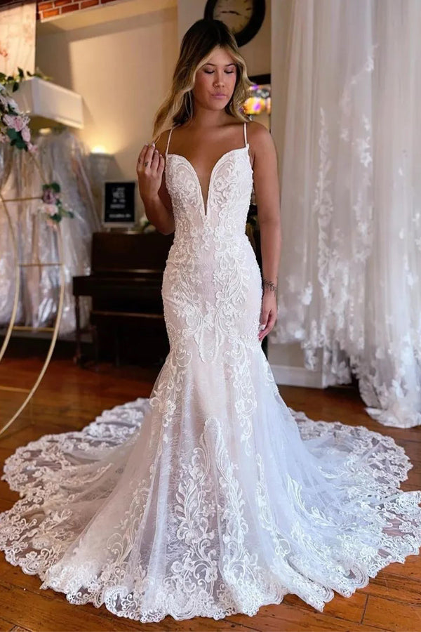 Mermaid Straps Chapel Train Boho Wedding Dress With Appliques WD767-Pgmdress
