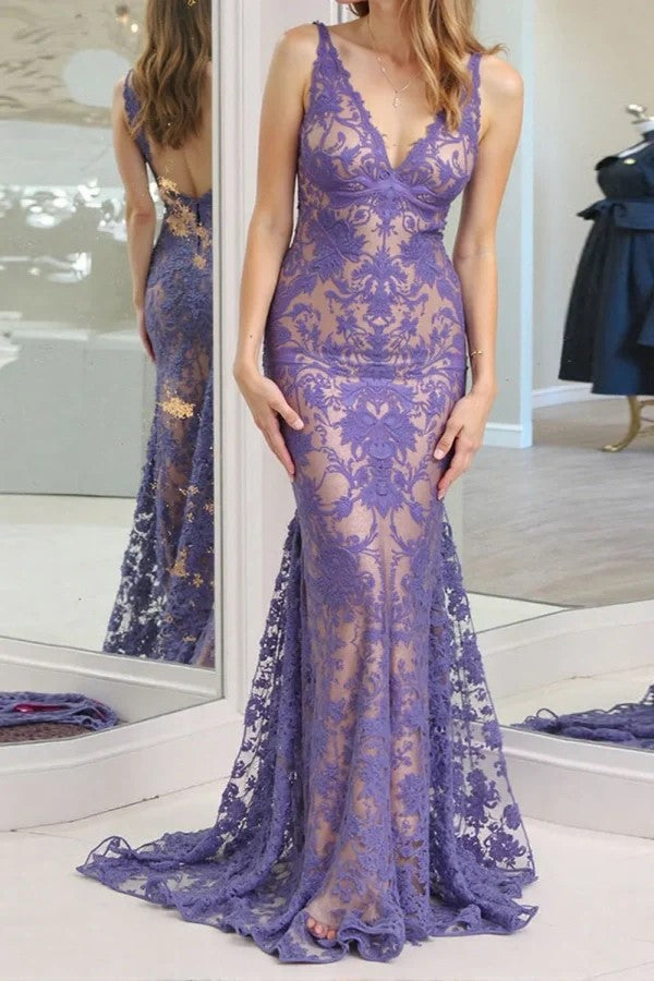 fitted lace wedding dress Mermaid V-Neck Backless Lilac Prom Dress with Lace PSK678 US8 / Custom Color fitted lace wedding dress Mermaid V-Neck Backless Lilac Prom Dress with Lace PSK678 US8 / Custom Color