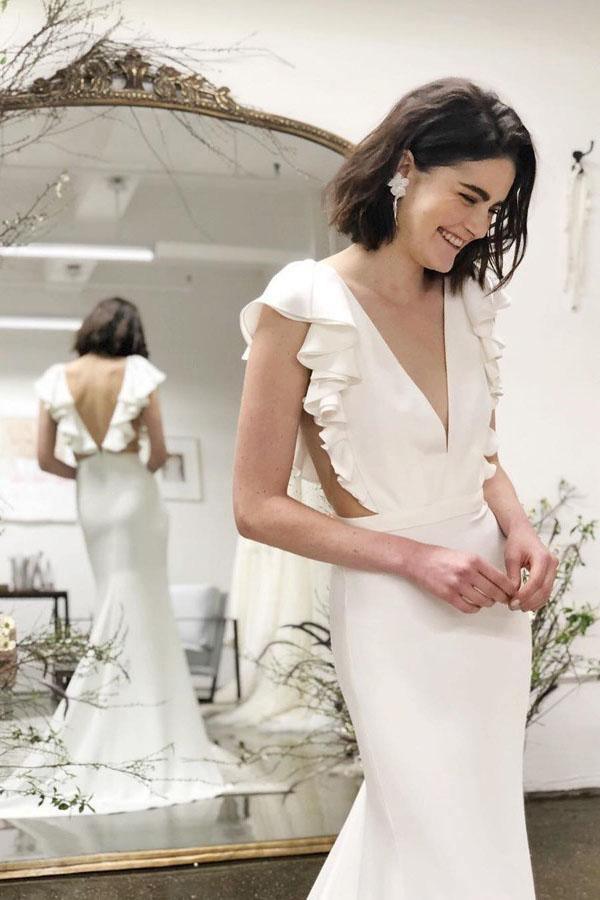 Mermaid V-Neck Cap Sleeves Wedding Dress with Ruffles WD743-Pgmdress