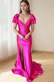 Robe de bal longue rose vif à col en V et manches courtes, style sirène, PSK631