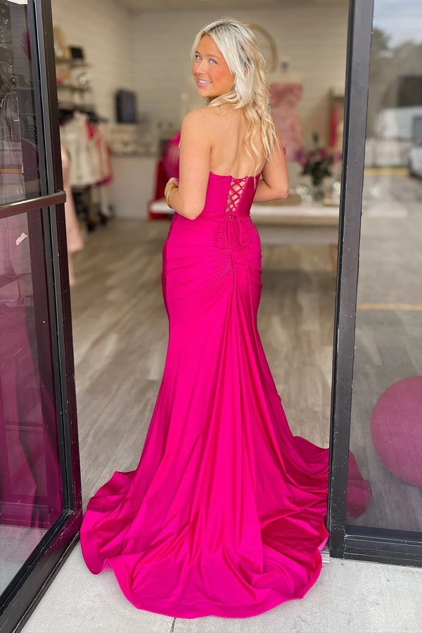 Mermaid V-neck Fuchsia Prom Dress Evening Dress With Slit PSK716-Pgmdress