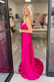 Mermaid V-neck Fuchsia Prom Dress Evening Dress With Slit PSK716-Pgmdress