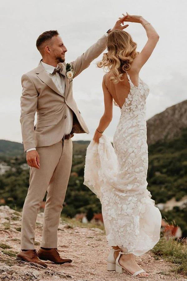 Mermaid V-neck Open Back Lace Appliques Bohemian Wedding Dresses WD639-Pgmdress