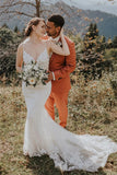 Meerjungfrau-Brautkleid im Bohemian-Stil mit V-Ausschnitt und Spitzenapplikationen WD782