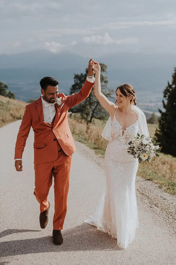 Mermaid V Neck Bohemian Wedding Dress with Lace Appliques WD782-Pgmdress