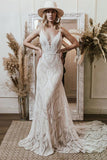 Robe de mariée longue style bohème en dentelle et col en V, style sirène, WD761