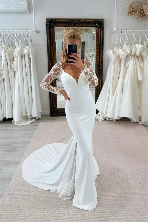 Mermaid V Neck Long Sleeves Lace Appliques Wedding Dress Bridal Gown-Pgmdress