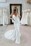 Mermaid V Neck Long Sleeves Lace Appliques Wedding Dress Bridal Gown-Pgmdress
