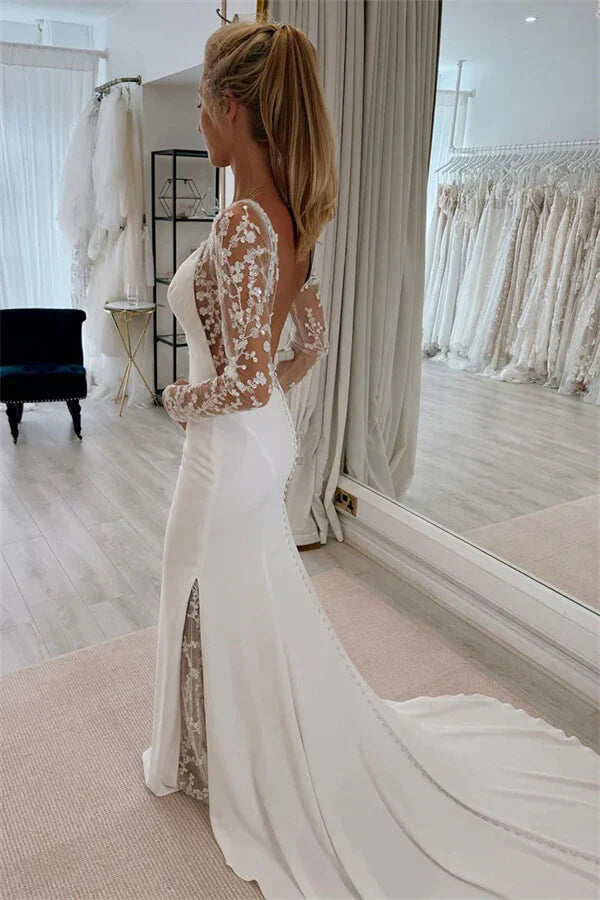 Mermaid V Neck Long Sleeves Lace Appliques Wedding Dress Bridal Gown-Pgmdress