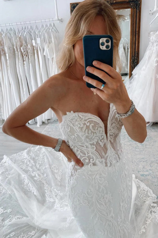 Mermaid White Long Wedding Dress with Lace Appliques WD770-Pgmdress