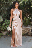 Mermaid Halter Champagne Long Bridesmaid Dress with Slit BD150