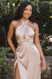Mermaid Halter Champagne Long Bridesmaid Dress with Slit BD150-Pgmdress