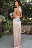 Mermaid Halter Champagne Long Bridesmaid Dress with Slit BD150-Pgmdress