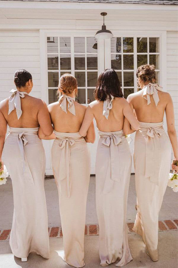 Mermaid Halter Champagne Long Bridesmaid Dress with Slit BD150-Pgmdress