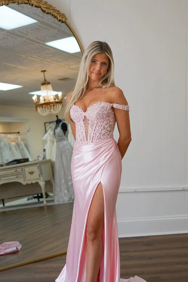 Mermaid Off Shoulder Pink Prom Dress With Appliques  PSK575-Pgmdress