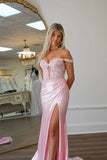 Mermaid Off Shoulder Pink Prom Dress With Appliques  PSK575-Pgmdress