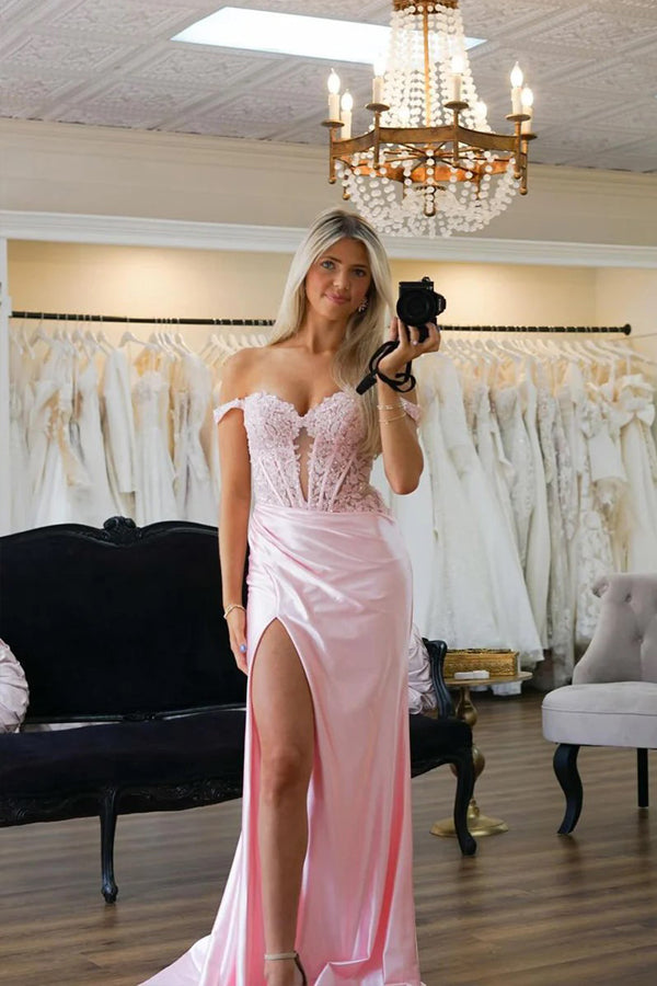 Mermaid Off Shoulder Pink Prom Dress With Appliques  PSK575-Pgmdress