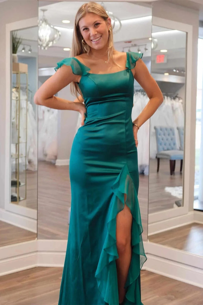 Mermaid Straps Scoop Pleated High Slit Green Long Prom Dress PSK612-Pgmdress