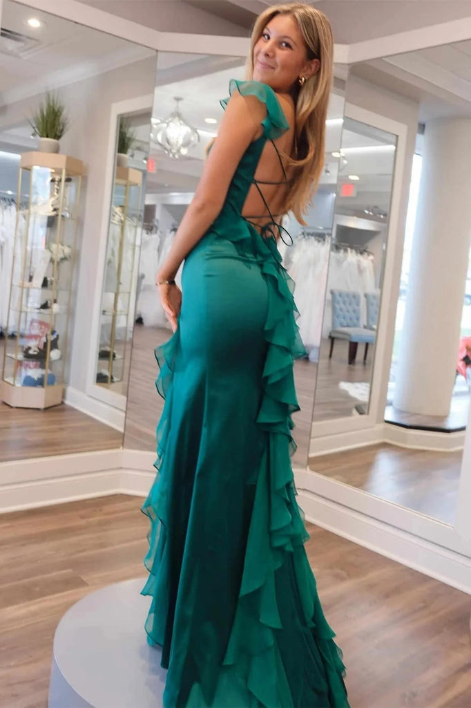 Mermaid Straps Scoop Pleated High Slit Green Long Prom Dress PSK612-Pgmdress