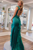 Mermaid Straps Scoop Pleated High Slit Green Long Prom Dress PSK612-Pgmdress