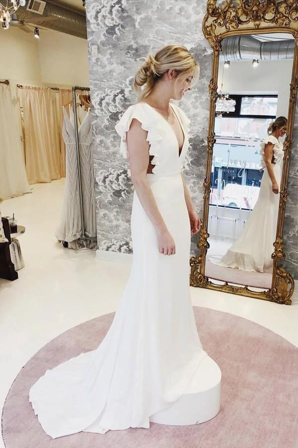 Mermaid V-Neck Cap Sleeves Wedding Dress with Ruffles WD743-Pgmdress