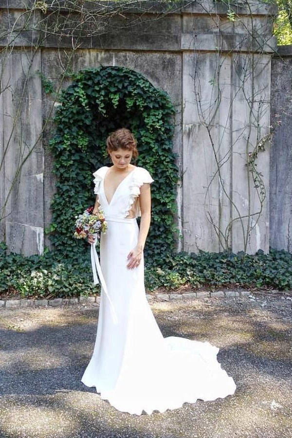 Mermaid V-Neck Cap Sleeves Wedding Dress with Ruffles WD743-Pgmdress