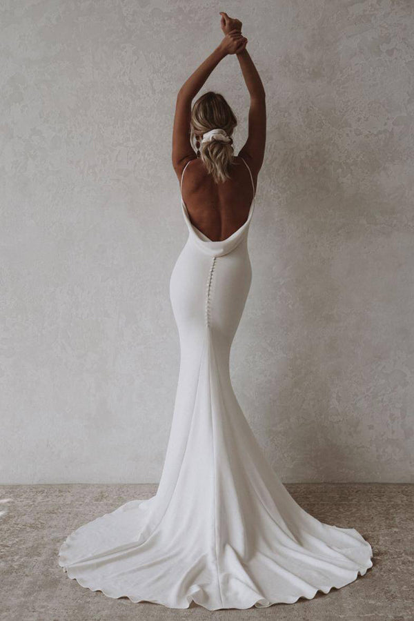 Mermaid V-Neck Elastic White Satin Long Wedding Dress WD769-Pgmdress