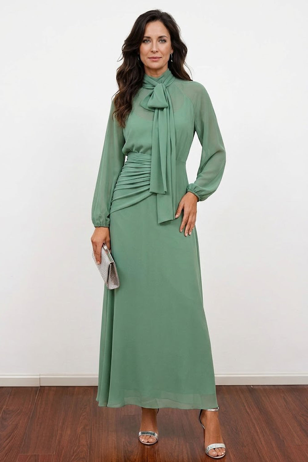 Modest Chiffon High Neck A Line Sage Green Mother of the Bride Dress US0 / Sage Green