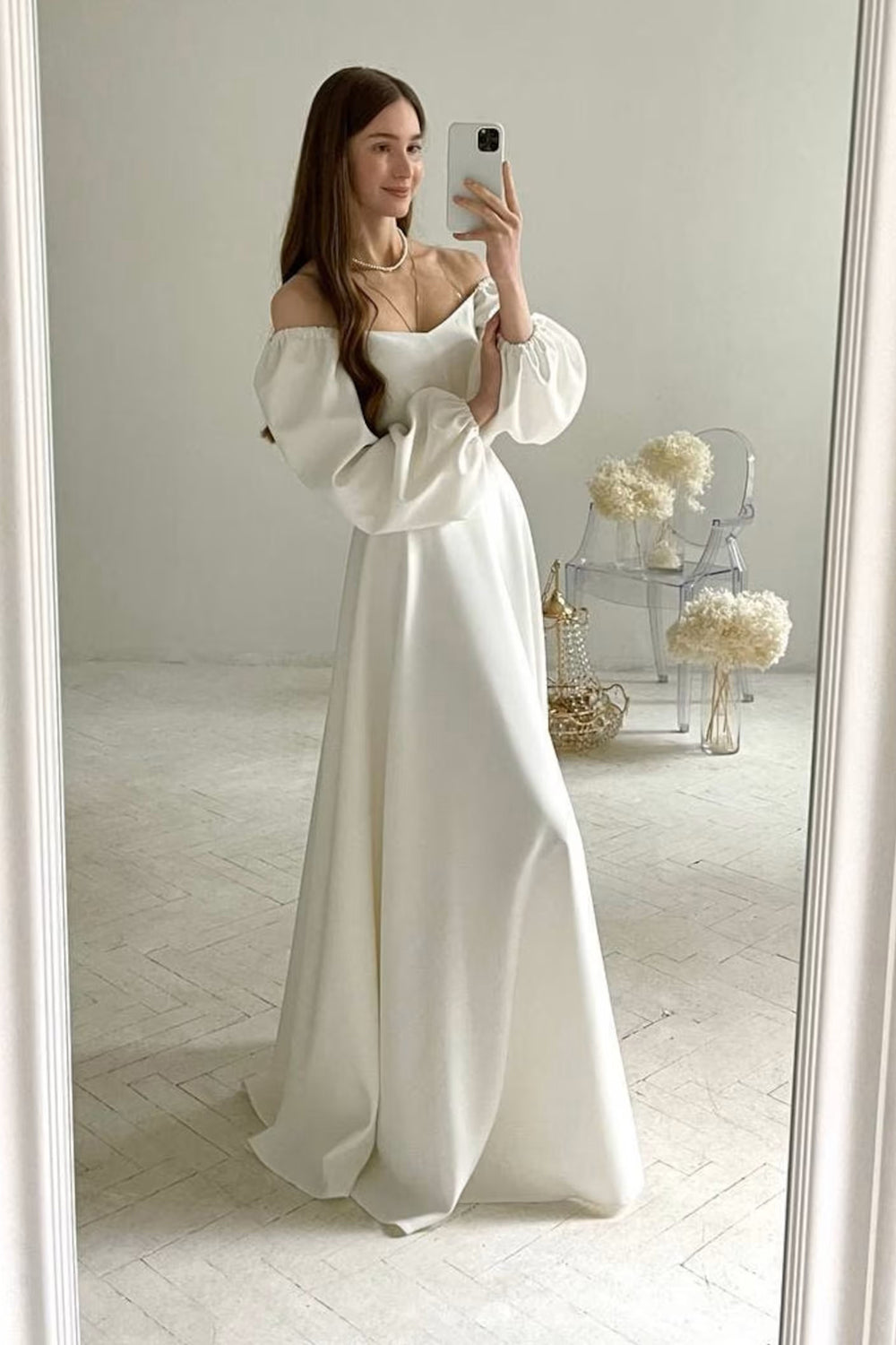 Modest Strapless Long Sleeve Wedding Dress Elopement Wedding Dress US2 / White Modest Strapless Long Sleeve Wedding Dress Elopement Wedding Dress US2 / White