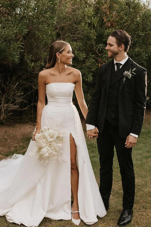 Modest Strapless Satin Detachable Tulle Wedding Dresses WD675-Pgmdress