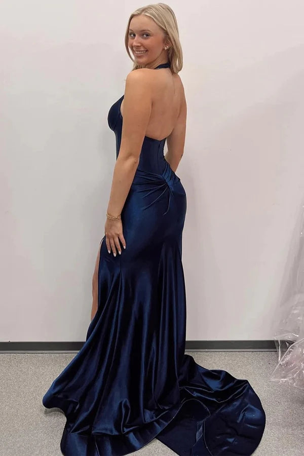 Navy Blue Halter Mermaid Long Prom Dress with Slit  PSK525-Pgmdress