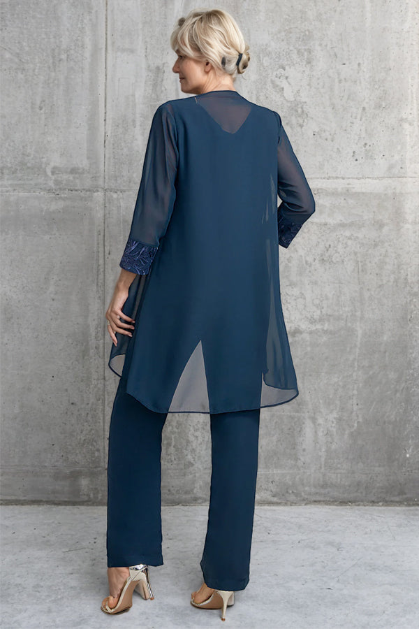 Navy Blue Long Sleeves 3 Pieces Mother of the Bride Pant Suits-Pgmdress