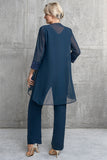 Navy Blue Long Sleeves 3 Pieces Mother of the Bride Pant Suits-Pgmdress