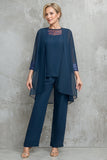 Marineblauer 3-teiliger Hosenanzug mit langen Ärmeln für die Mutter der Braut