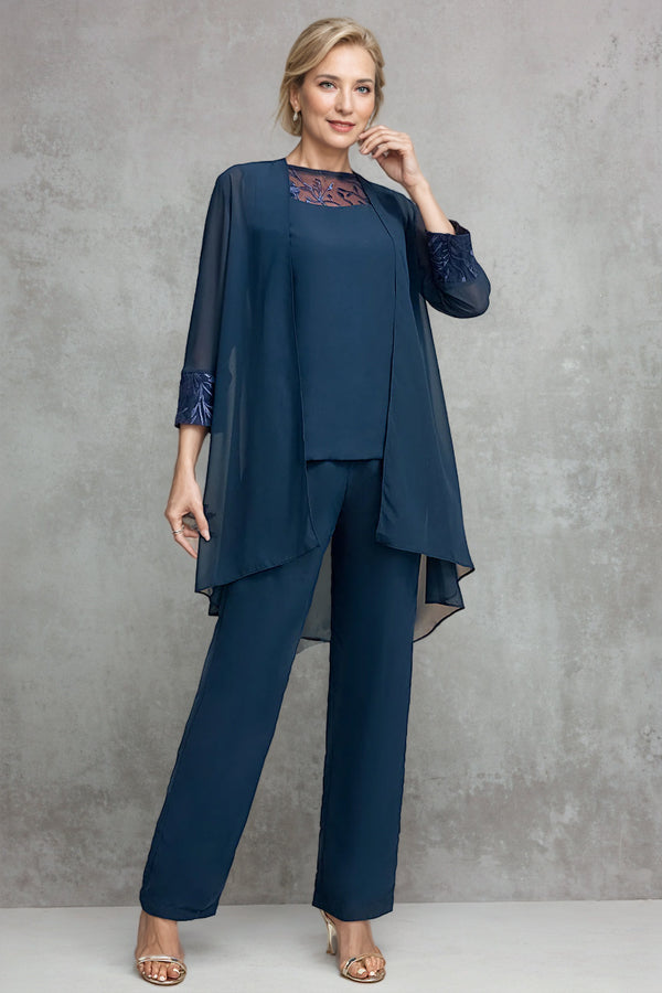 Navy Blue Long Sleeves 3 Pieces Mother of the Bride Pant Suits-Pgmdress