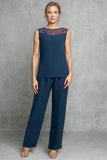 Navy Blue Long Sleeves 3 Pieces Mother of the Bride Pant Suits-Pgmdress