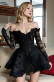 Off-Shoulder Long Sleeve Black Homecoming Dress With Beading PD530-Pgmdress