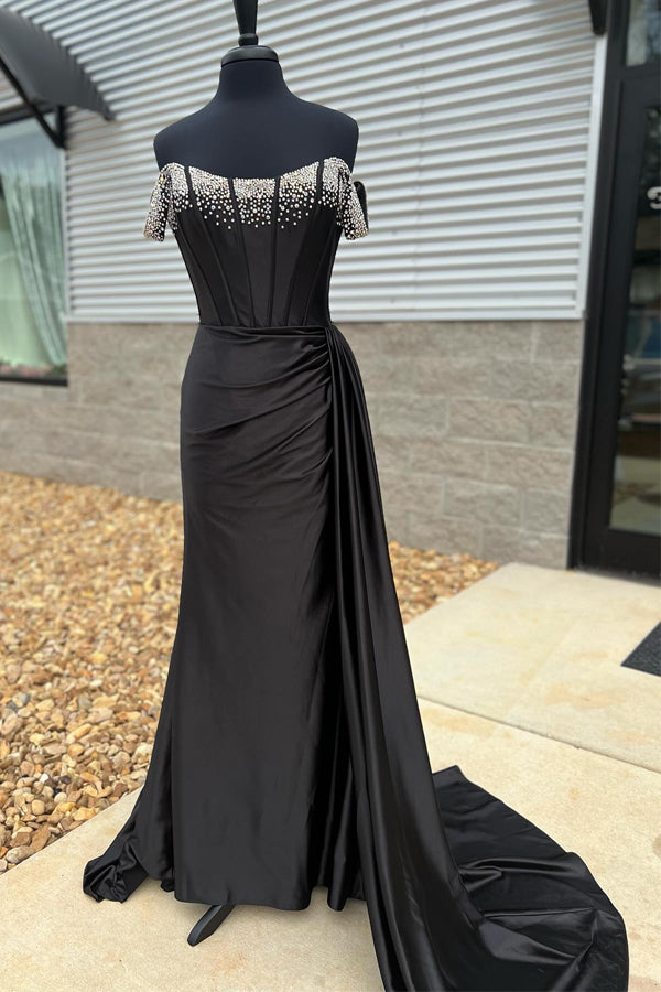 Off-Shoulder Mermaid Black Long Prom Dress With Beading PSK611-Pgmdress