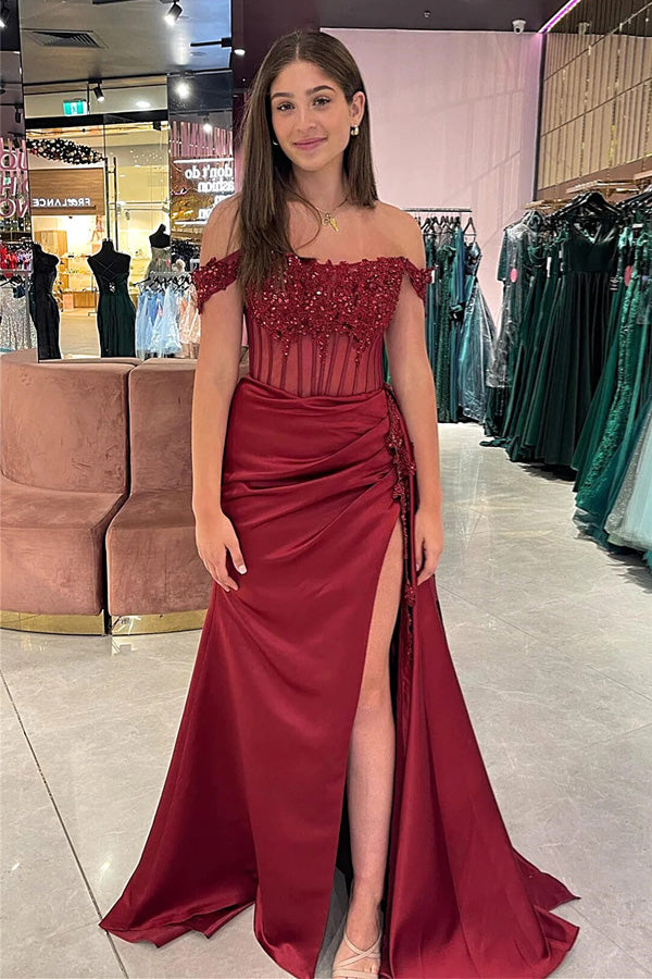 Off-Shoulder Mermaid Floral Long Prom Dress with Slit PSK502 Pgmdress Off-Shoulder Mermaid Floral Long Prom Dress with Slit PSK502 Pgmdress
