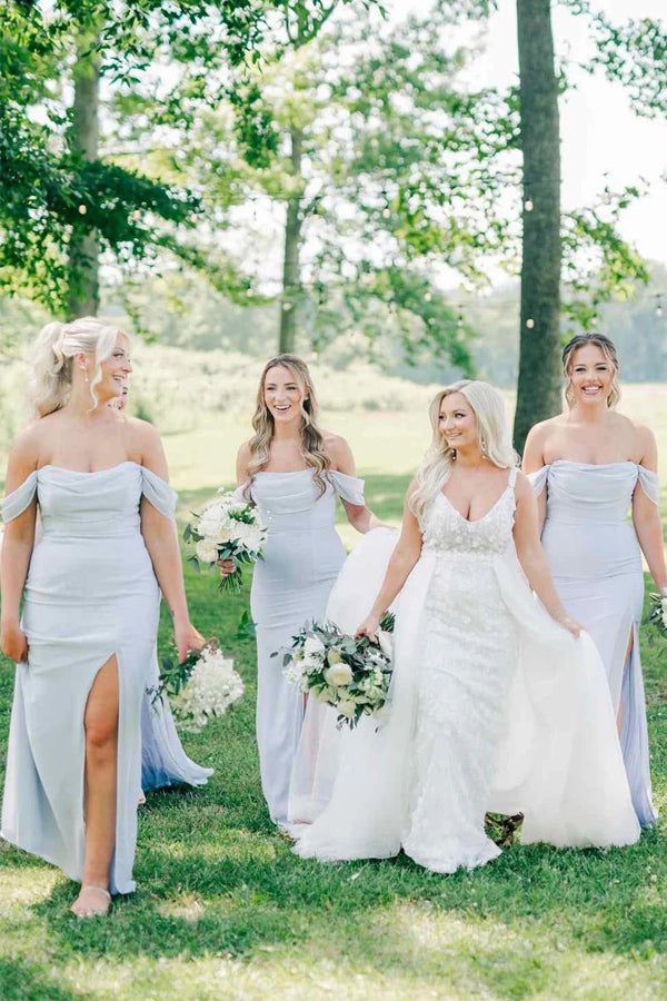 Off-Shoulder Pleated Light Blue Long Bridesmaid Dress with Slit BD142-Pgmdress
