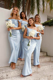 Off-Shoulder Sheath Pleated Satin Light Blue Bridesmaid Dress BD136-Pgmdress